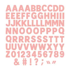 Ausgestanzte rosafarbene Buchstaben und Zahlen der Sizzix Mini Bold Alpha Schablone