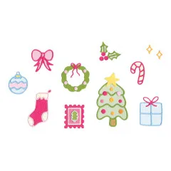 Fertig ausgestanzte und aufgeklebte Weihnachtsmotive wie Tannenbaum, Schleife und Strumpf