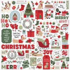 Stickerbogen des Santa Paws Kits mit ausgestanzten Stickern: Hunde-Designs, Weihnachtsbaum, Stocking, JOY, Wreath, Geschenke und Weihnachtsmotiven