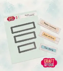 Drei ausgestanzte Rahmenbanner mit den Aufschriften "Happy moments", "Lots of love" und "Sea story"