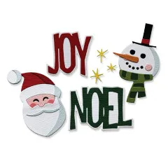 Fertig ausgestanzte weihnachtliche Motive mit Weihnachtsmann und Schriftzügen Joy und Noel