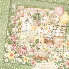 Designpapier Little One mit hängender Babykleidung, Hasen, Ballons, Regenbogen, Blüten in zartem Grün, Rosa, Gelb auf weißem Grund
