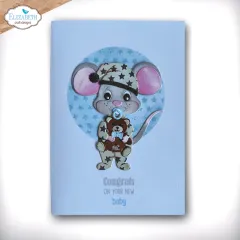 Blaue Babykarte mit gestanzter Maus im Sternen-Strampler, Schnuller und Teddybär