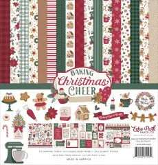 Kollektionsübersicht des 12x12 Collection Kits „Baking Christmas Cheer” mit allen 12 Designpapieren, Stickerbogen und Artikelnummer BCC516016