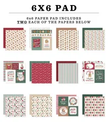 Übersicht aller 12 Bogen-Designs des 6x6 Paper Pads „Baking Christmas Cheer” – u. a. Lebkuchenhäuser, Karo, Schneeflocken und Journaling-Karten