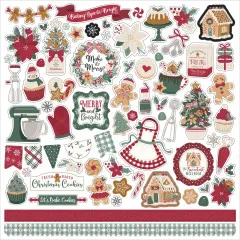 Stickerbogen mit weihnachtlichen Back-Elementen (Lebkuchenmännchen, Adventskranz, Cupcake, Mehlsack u. v. m.)