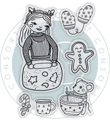 Ansicht des unkolorierten Stempelbogens mit Back-Motiven: Mädchen, Fäustlinge, Lebkuchenmann und Maus