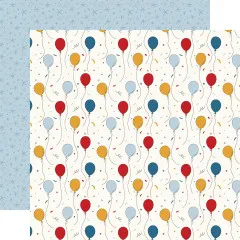 Designpapier mit Ballonmuster in Rot, Blau, Gelb und Weiß, kombiniert mit hellblauem Sternenmuster auf der Rückseite