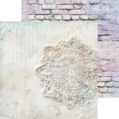 Basispapier mit rundem Häkeldeckchen-Motiv auf strukturiertem Creme, Rückseite fliederfarbene Ziegelwand