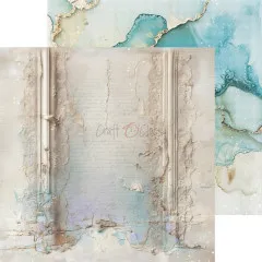 Basispapier mit Stuckrahmen und Schreibschrift-Text in Creme, Rückseite türkisfarbene Alcohol-Ink-Marmorierung