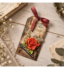Handgemachtes Bastel-Tag mit einer orangefarbenen Rose aus Silikon