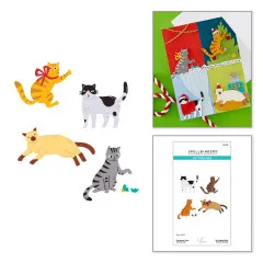 Bastelanleitung zeigt die Zusammensetzung der Katzenmotive inkl. Augenformen, Schleife und Zungen-Applikation.