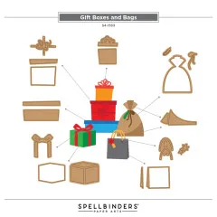 Bastelanleitung zeigt die Zusammensetzung der einzelnen Stanzteile für Geschenkboxen, Sack und Tragetaschen.