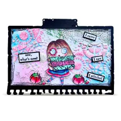 Rechteckiges Bastelprojekt in Pastellfarben mit Stencil-Muster und Stoffrollen