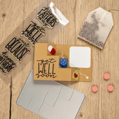 Handgemachte Triple Step Karte zum Thema Gute Besserung mit Teemotiv und Stempeln