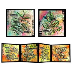 Quadratische Kunstkarten mit bunt gestalteten, gestanzten Blättern und Worten wie Strength und Thrive