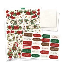 Bögen mit weihnachtlichen Motiven, Weihnachtssternen und Textschildern für Karten