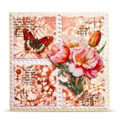 Briefmarken-Design Bastelkarte in Rot-Tönen mit Blumen und Schmetterling