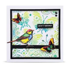 Quadratische Bastelkarte mit buntem Vogel und Schmetterlings-Schablonenmuster