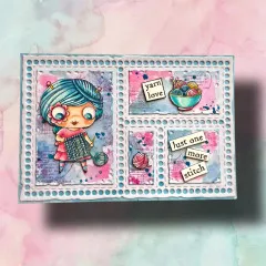 Bastelkarte gestaltet mit den Yarn Love Stempeln und Aquarellhintergrund