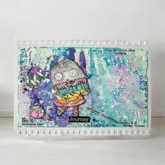 Karte in Blau und Violett mit gestempeltem Mädchen und Garnrollen