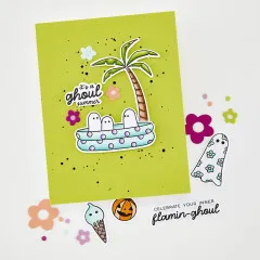 Grüne Karte mit türkisfarbenem Blumenmuster, koloriertem Geist auf Palmen-Motiv und Sprüchen 'it's a ghoul summer' und 'celebrate your inner flamin-ghoul'.