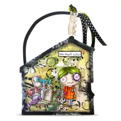 Schwarze Tasche mit Halloween-Szene, grüne Figur, Friedhof und Textilband-Dekoration