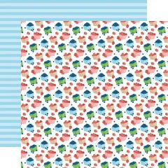 Beeren-Muster Designpapier mit roten Erdbeeren und blauen Beeren in rosa, dunkelblau und hellgrünen Behältern auf weißem Grund