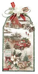 Fertiger Geschenkanhänger mit rotem Weihnachtsbaum-Lastwagen, verschneiter Scheune und Schleifen-Dekoration.