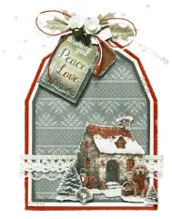 Fertiger Geschenkanhänger 'Wishing you Peace & Love' im Scheunen-Umriss mit Landhaus-Motiv, Schleife und Perlen.