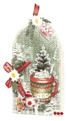 Gestalteter Geschenkanhänger mit gestempelter Kakao-Tasse vor Strick-Hintergrund, kleinem Tannenbaum und Lebkuchenmann.