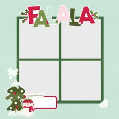 Layout-Beispiel eines Scrapbook-Layouts: mintgrüner Rahmen mit vier Fotofeldern, "FALALA"-Titel und Schneemann-Ecke