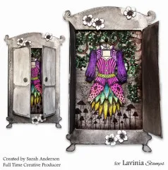 Illustrierter Kleiderschrank mit geöffneten Türen, in dem ein violettes Blütenkleid hängt, umrahmt von weißen Anemonenblüten
