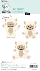 Drei kolorierte Beispiel-Zusammensetzungen der Yeti-Figur Yuki in Beige/Braun, stehend mit erhobenen Armen, sitzend und in Rückenansicht