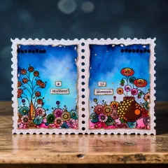 Doppelkarte im Briefmarken-Stanzrahmen mit Blütenbaum, Vase und Spruch „a moment to blossom"