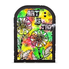 Bunte Mixed-Media-Karte mit zwei weiß konturierten Blüten und Schriftzug „Art is..."