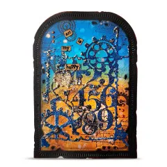 Blau-orange Bogenkarte mit glitzernder Zahnrad-Zahlen-Stanzform und Wortstickern „art is my happy"