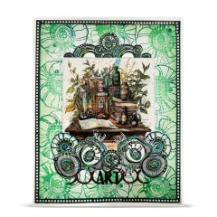 Grüne Mixed-Media-Karte mit gestempelten Kreismustern, dem Scriptorium-Motiv und Schriftzug „Art”
