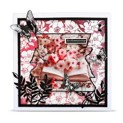Karte mit rot-weißem Blumenmuster-Rahmen, schwarz-weißen Schmetterlingen und Blattranken, Wortsticker „Authenticity”