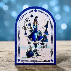 Beispielkarte mit dunkelblau gekleideter Mädchenfigur im Schneekugel-Rock, JOY-Ausstanzung, Bokeh-Hintergrund.