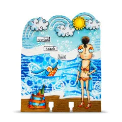Bogenförmige Beispielkarte mit Wolken, Regenbogen, Sonne, Hai-Motiv und Spruch „resting beach face"