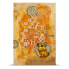 Orange Karte mit gestempeltem Cartoon-Hund, Zeitungspapier-Kreisen und der Karo-Buchstaben-Stanzform, Wortsticker „brave and handsome"
