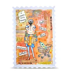 Orangefarbene Beispielkarte im Briefmarken-Stanzrahmen mit Einkaufswagen und den Sprüchen „it counts if it's green" und „bag the gin first"