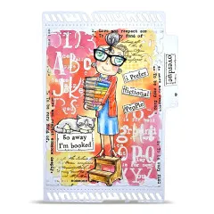 Beispielkarte im Briefmarken-Stanzrahmen mit Buchstaben-Musterhintergrund und den Sprüchen „i Prefer fictional PeoPle" und „go away, I'm booked"