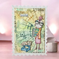 Rosafarbene Beispielkarte im Briefmarken-Stanzrahmen mit rissigem Kachelmuster-Hintergrund und Spruch „overdue"