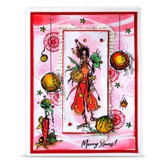 Collage-Karte mit rot-orange gekleideter Feenfigur vor Buchseiten-Hintergrund und Sternenkonfetti.