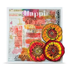 Mixed-Media-Collage mit Zeitungsschnipseln, Schriftzug „Happiness" und drei orange-roten grafischen Blüten