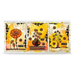 Dreiteilige Beispielkarte in Orangetönen mit Mohnblüte, Vase und Blütenbaum, Sprüche „Create", „Joy" und „Laugh"