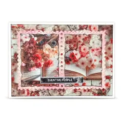Karte mit rosafarbenem Briefmarkenrahmen, Tintenfässchen und Kirschblüten am aufgeschlagenen Buch, mit Wortsticker „Creative People”