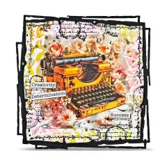 Mixed-Media-Karte in Rosa-Gelb mit Pfingstrosen und Wortstickern „Creativity”, „Determination”, „Success”